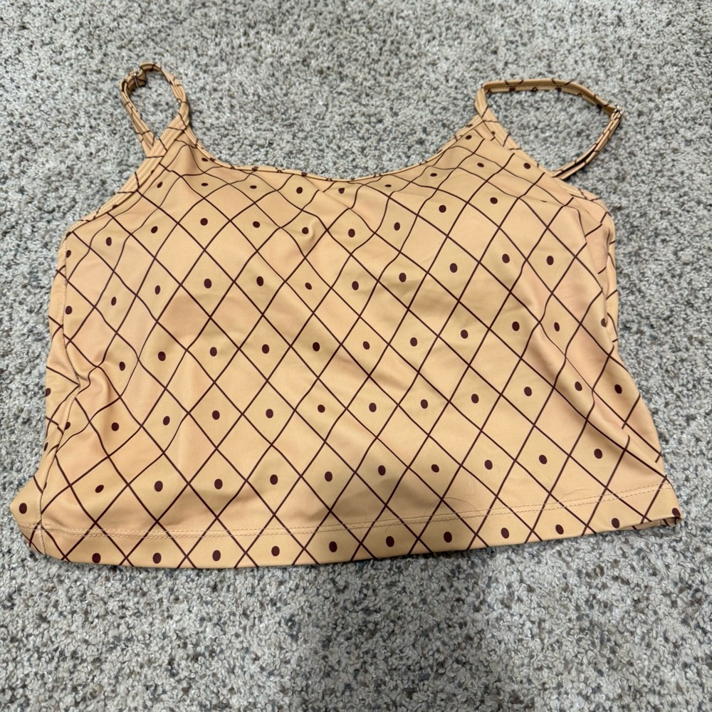 Kortni Jeane Peach Diamond-Print Bikini Top with Brown Dots